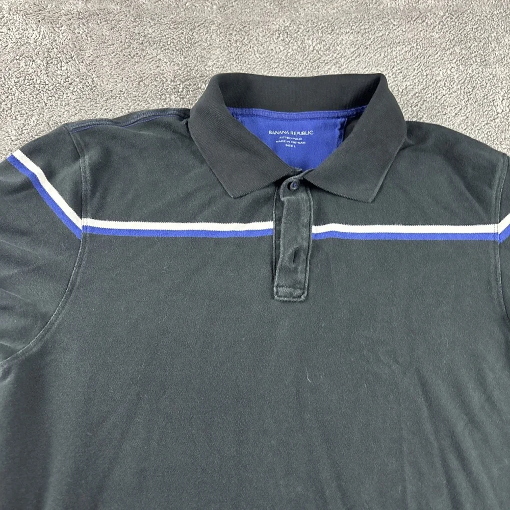 Banana Republic Short Sleeve Collar Polo Mens‎ Large Black Blue/White Stripe